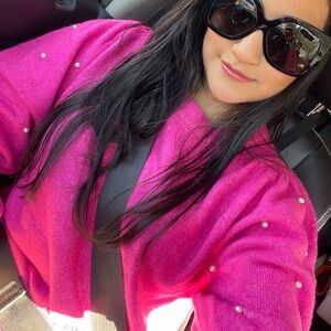 CeCe Pink Pearl Sleeve Sweater Medium Fuchsia Puff Sleeve Knit Feminine Chic